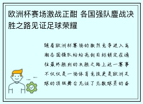 欧洲杯赛场激战正酣 各国强队鏖战决胜之路见证足球荣耀